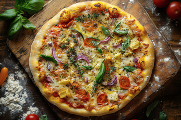 Sustainable summer vegetable scrap pizza on wooden peel