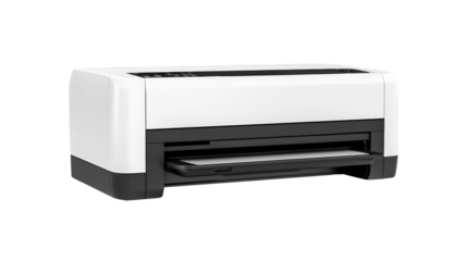 A modern white and black flatbed printer designed for high-quality photo and document printing, featuring a sleek, compact design.
