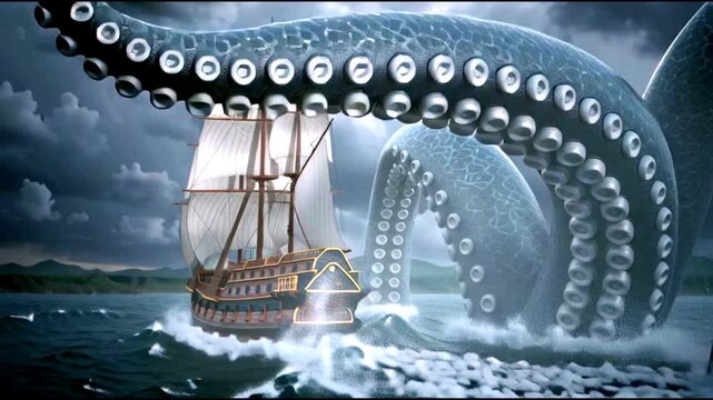 Dramatic sea battle sailing ship faces giant kraken in stormy ocean encounter