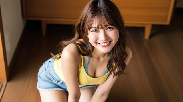 玄関前でしゃがみ笑顔を向ける幼馴染ギャル