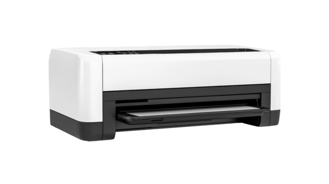 A modern white and black flatbed printer designed for high-quality photo and document printing, featuring a sleek, compact design.