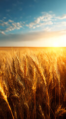 Obraz premium Golden wheat field under a bright sunlit sky with scattered clouds yellow stalks