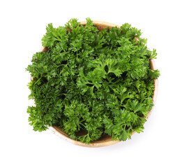 Fresh parsley in bowl isolated on white, top view