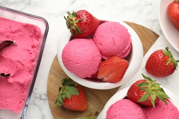 Refreshing sorbet, strawberries and mint on white marble table, flat lay