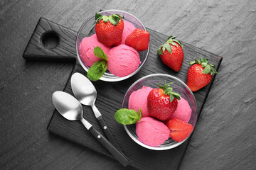 Refreshing sorbet, strawberries and mint on grey textured table, top view