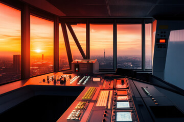 Futuristic Digital Control Panel at Electric Power Substation with High-Voltage Transmission Lines at Vibrant Sunset