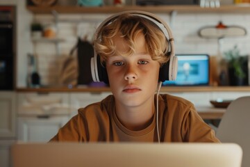 Focused blond boy wearing headphones using laptop at home