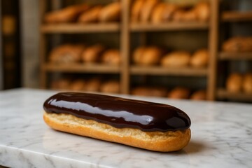 Richly glazed chocolate eclair sits on a marble surface. Bakery shelves with fresh bread blur in the background.