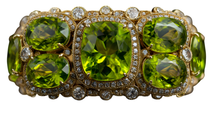 A stunning gold bracelet showcases radiant green peridot gemstones and shimmering white diamonds against a dark backdrop, transparent background