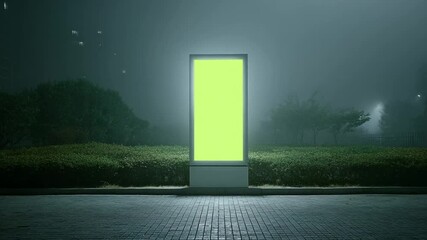 A glowing billboard stands illuminated in a foggy urban park, evoking concepts of advertisement, nightlife, and modernity, with a mysterious ambiance and luminescence