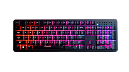 A full-sized mechanical keyboard with RGB backlit keys displaying a gradient of red, purple, and blue colors.
