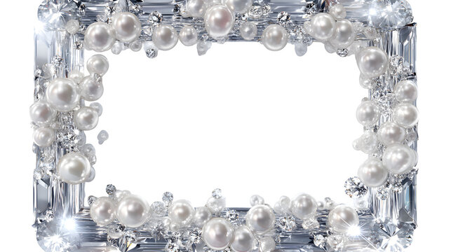 A decorative frame of shimmering diamonds and elegant pearls creates a luxurious, transparent border ideal for upscale designs, transparent background