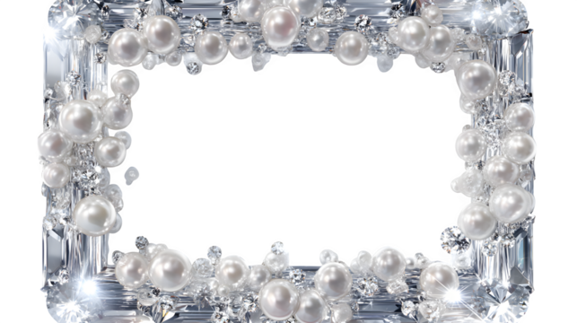 A decorative frame of shimmering diamonds and elegant pearls creates a luxurious, transparent border ideal for upscale designs, transparent background