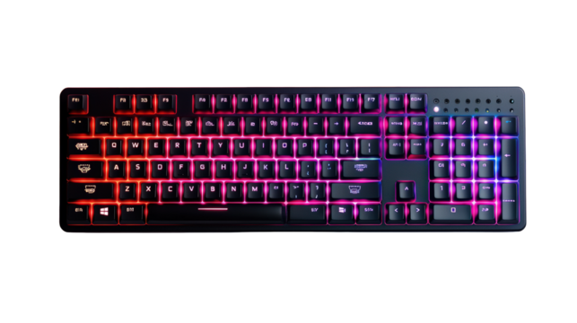A full-sized mechanical keyboard with RGB backlit keys displaying a gradient of red, purple, and blue colors.
