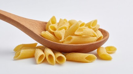 Ultra quality image of wooden spoon with uncooked tortiglioni pasta on white background.