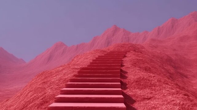 A surreal landscape features red, abstract steps leading through vibrant, mountainous terrain, evoking concepts of adventure, exploration, and pathfinding dreamscape, chromatic