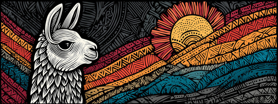 Mandala art of a Llama with bold black lines, light background, and colored accents, representing wisdom and spirit in culture