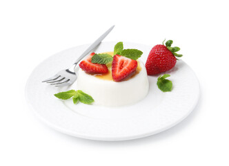 Tasty panna cotta with caramel, strawberries and mint isolated on white