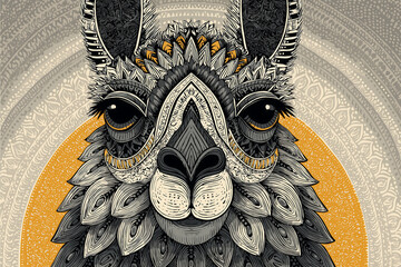 Mandala art of a Llama with bold black lines on a light background, featuring colored accents. Symbolizes wisdom and spirit. Intricate patterns and symbolism