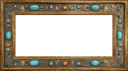 A golden ornate frame embellished with semi-precious stones offers a touch of elegance to portraits or artworks with its intricate details, transparent background