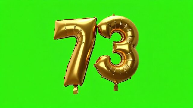 Golden seventy three number shaped party balloons against green screen for celebrations