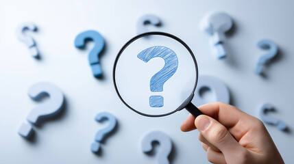 Hand holding magnifying glass over central question mark surrounded by smaller question marks on white background. Symbolizes critical thinking and problem-solving