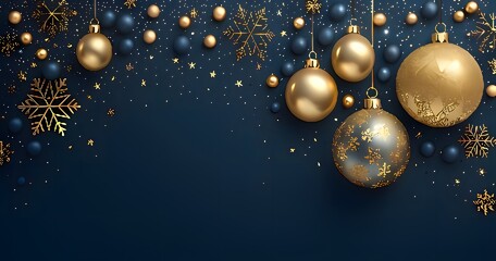 Elegant Christmas Ornaments with Golden Snowflakes and Stars on a Dark Blue Background