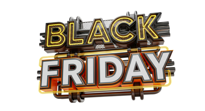 A black friday sign with yellow and white letters on a black background