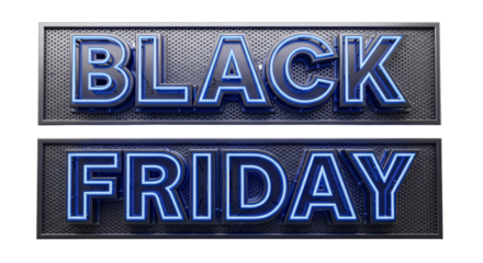 Black friday text with blue neon outline on a dark gray background
