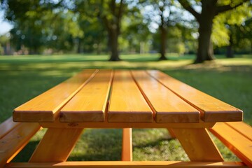 Fototapeta premium Picnic table and wooden benches in the park with grass and trees around