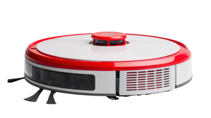 A sleek white and red robotic vacuum cleaner with side brushes designed for automated floor cleaning.
