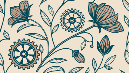 Mechanical Floral Vector Pattern Biomechanical Flowers, Gears, and Leaves Design, Seamless Repeat for Creative Backgrounds