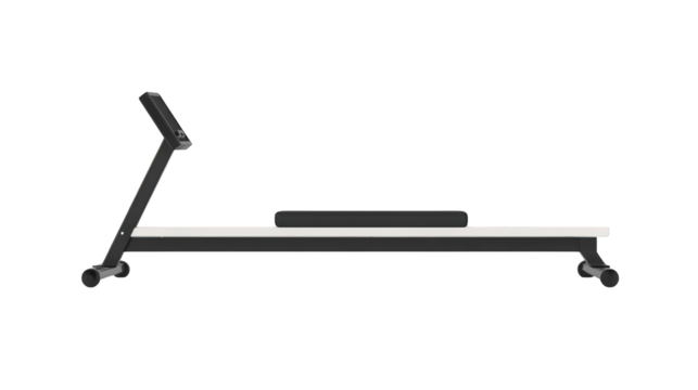 A sleek, modern treadmill with a minimalistic design and digital control panel.