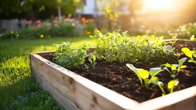 Sunset garden with raised bed plants.