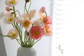 Bouquet of beautiful poppy flowers indoors, closeup. Space for text