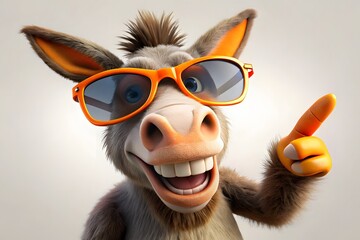 Funny Donkey Cartoon Character Wearing Sunglasses and Pointing Upward