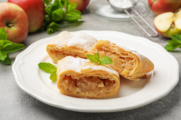 Pieces of tasty apple strudel with powdered sugar, mint and fruits on grey table, closeup