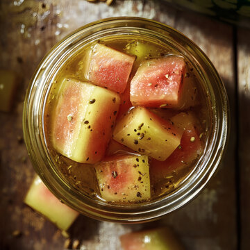 Watermelon rind pickles in recycled glass jar