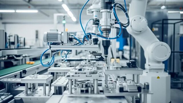 Highprecision robotic assembly process of small technical parts in an automated factory setting.
