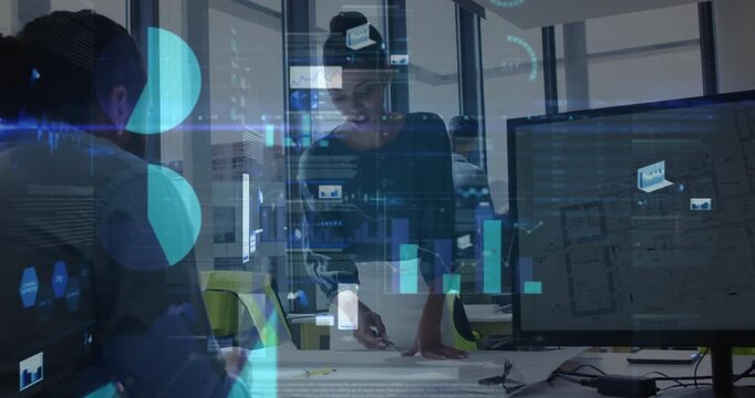 Woman placing floor plans, discussing architecture with male colleague, holographic charts evolving - Powered by Adobe