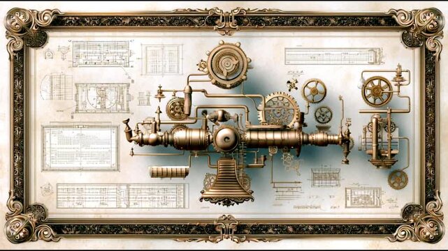 Vintage industrial machinery animation with intricate gears and schematics in motion