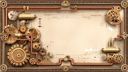 Intricate steampunk gear mechanisms in motion against vintage map backdrop - Powered by Adobe