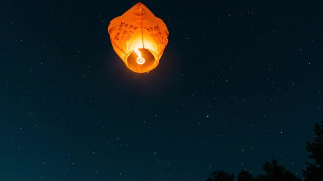 Glowing sky lantern with hopeful mood ascending against a starry backdrop