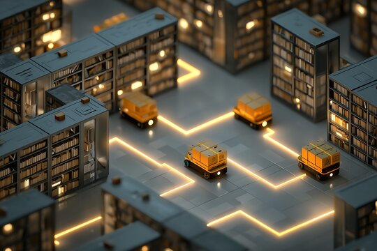 Futuristic logistics in a library or warehouse setting shows automated delivery robots moving through aisles of books