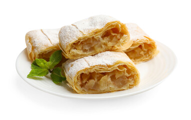 Pieces of tasty apple strudel with powdered sugar and mint isolated on white