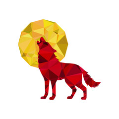 Colorful polygonal illustration depicting a red wolf howling at a yellow full moon. Represents wilderness, nature, and artistic geometrical style.