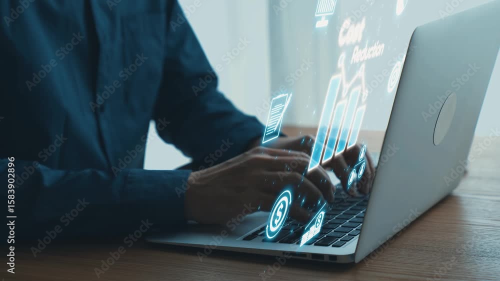 Poster hands typing on laptop while interactive technology graphics display data analytics and financial ic