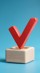 Red check mark symbol resting on a wooden block against a blue background image