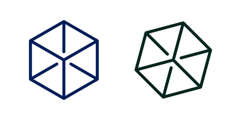 Two geometric hexagonal symbols with clean, minimalistic outlines in contrasting colors, showcasing symmetry and modern graphics design aesthetics.