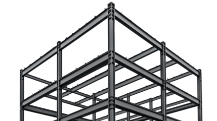 Steel framework of a multi-story building under construction, showcasing beams and columns in a geometric, skeletal structure.